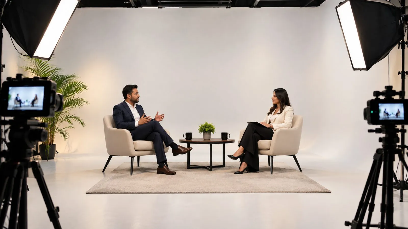 News-style interview set with two chairs and two cameras at Sai Podcast Studios, Ludhiana