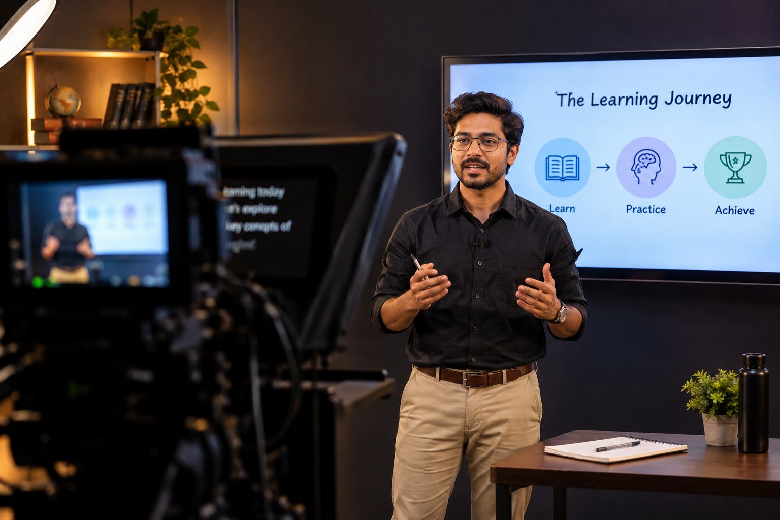 Teacher recording an e-learning module beside a slide display at Sai Podcast Studios, Ludhiana