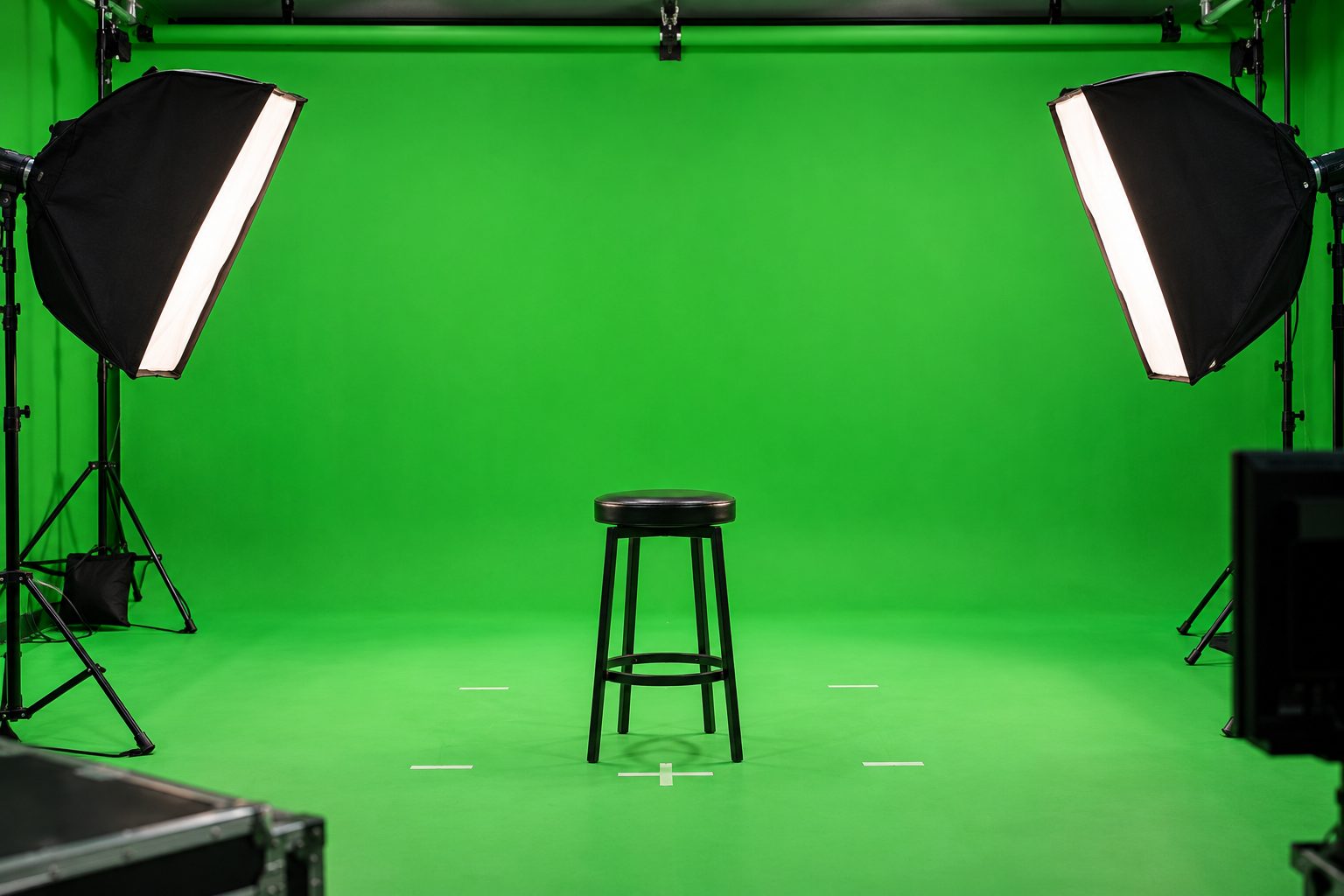 Evenly lit green screen with softboxes and floor marks at Sai Podcast Studios, Ludhiana