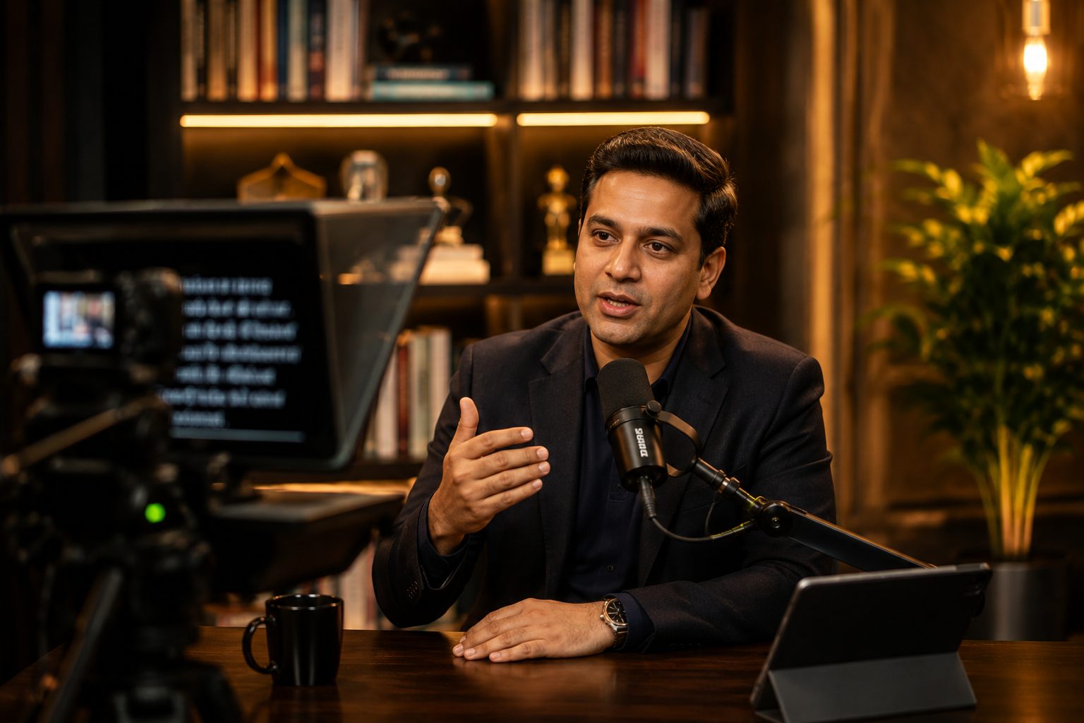 Host recording a YouTube episode with a teleprompter and Shure mic at Sai Podcast Studios, Ludhiana