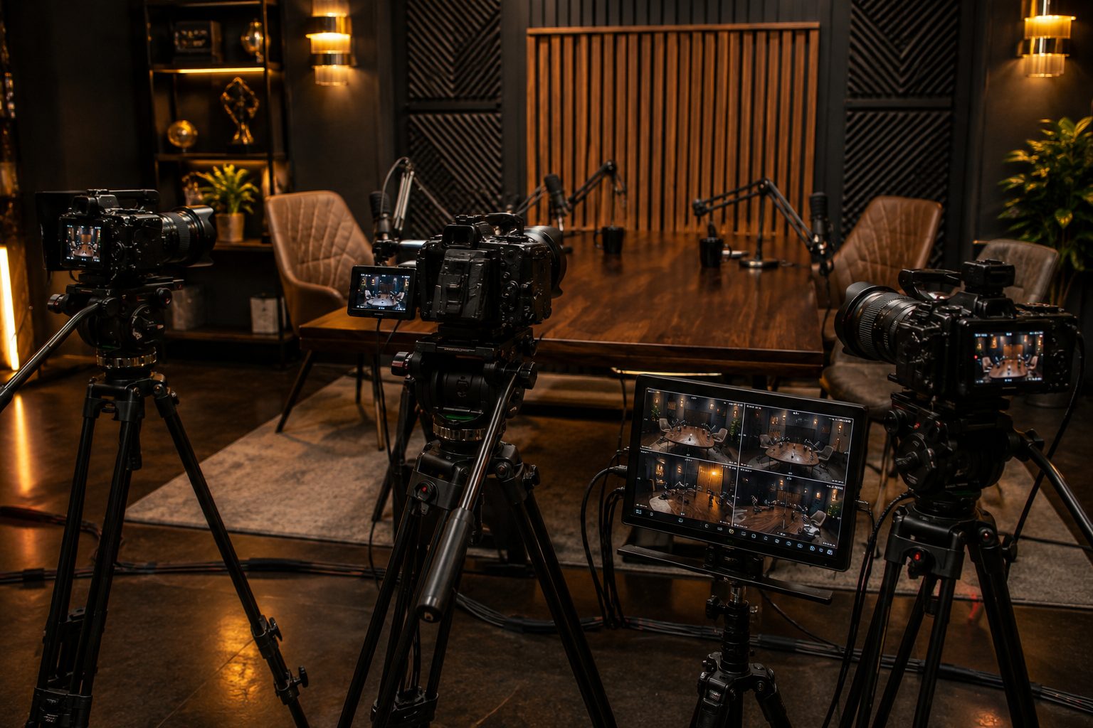 Three-camera rig ready to record at Sai Podcast Studios, Ludhiana