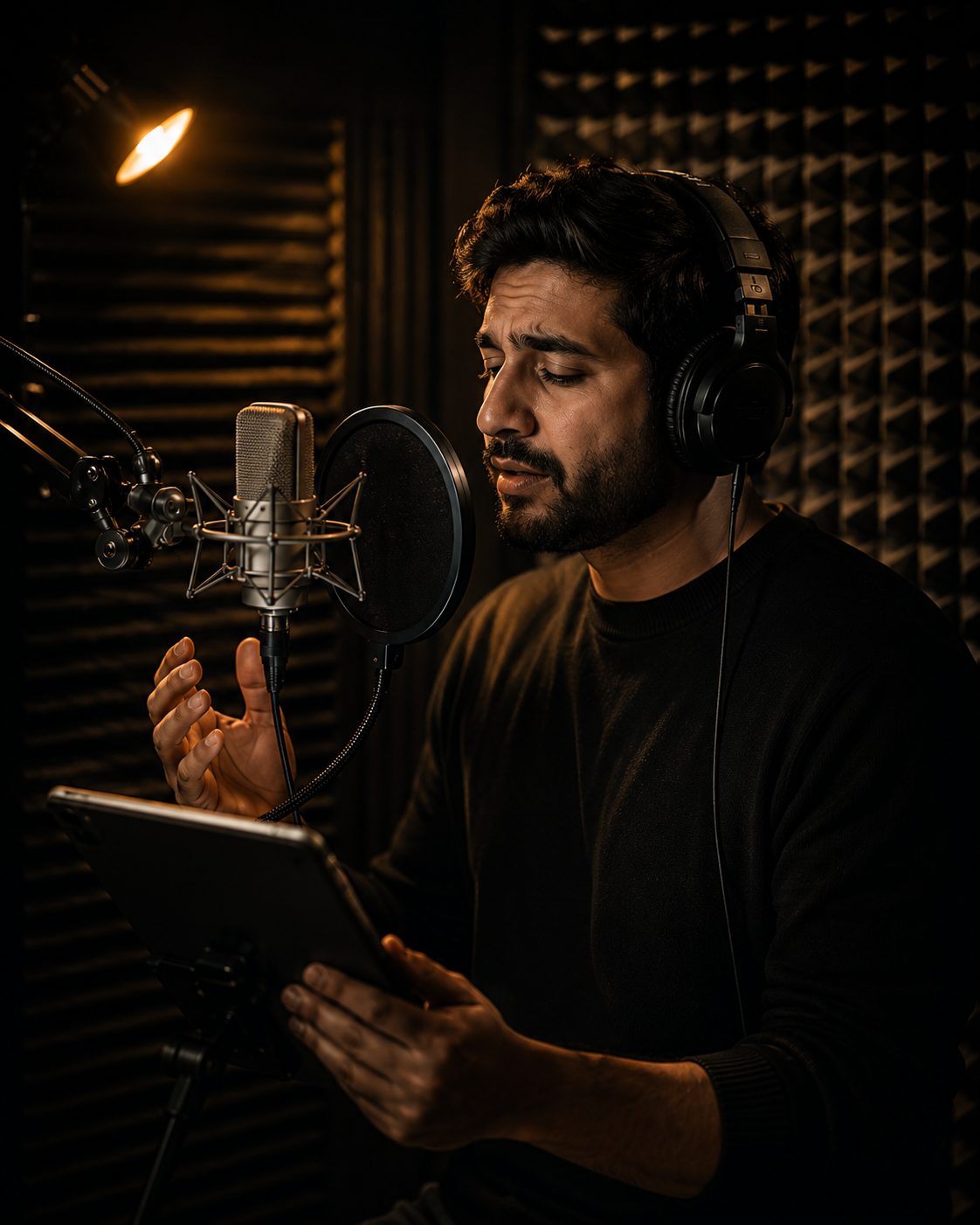 Voice artist recording into a condenser mic in the treated booth at Sai Podcast Studios, Ludhiana