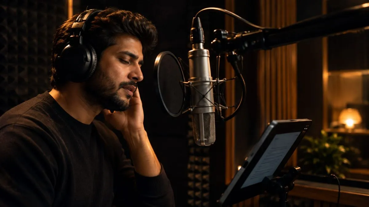 Voice artist recording into a condenser mic in the treated booth at Sai Podcast Studios, Ludhiana